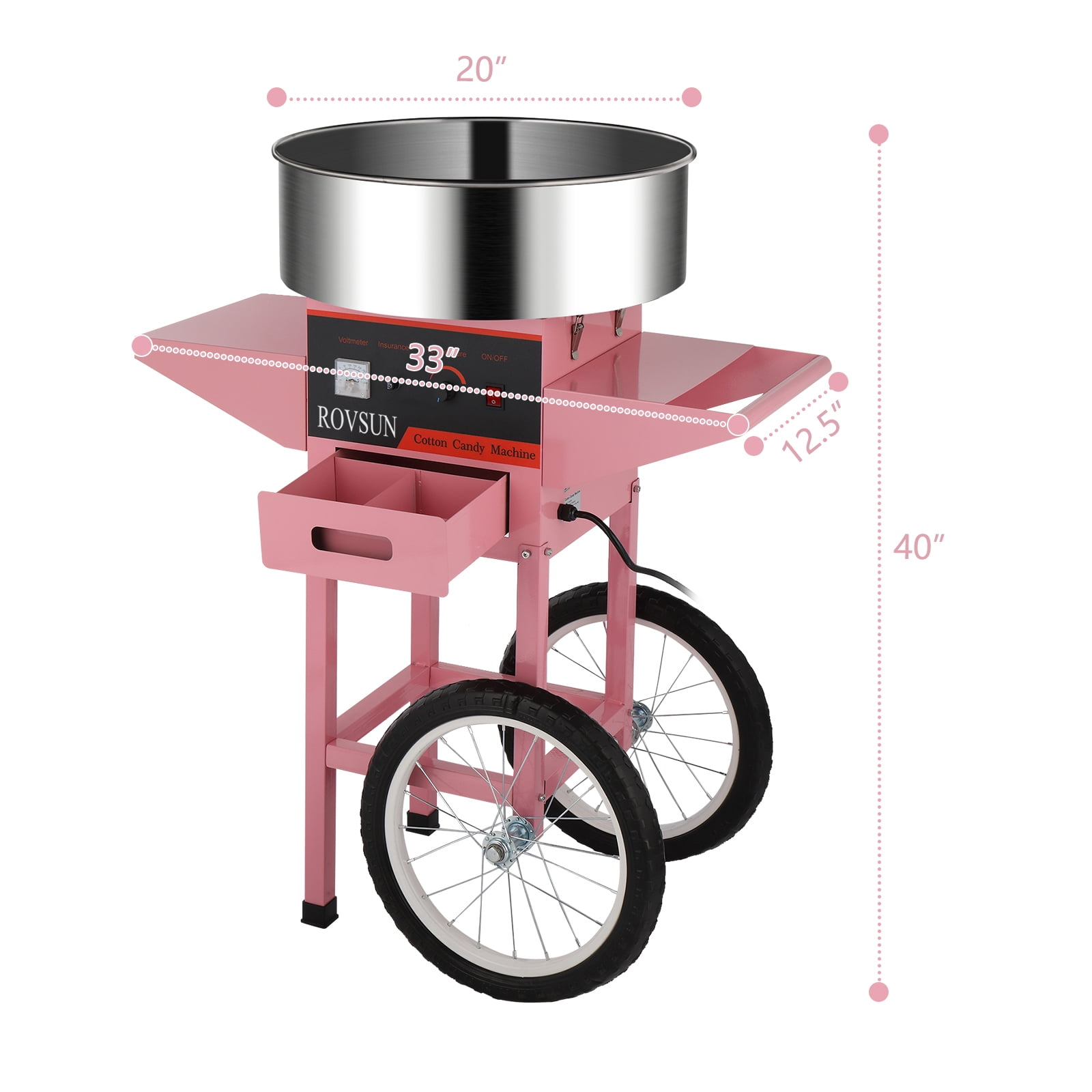 ROVSUN Cotton Candy Machine with Cart Stainless Steel, 21 Inch Electric Cotton Candy Maker Candy Floss Maker w/Sugar Scoop and Large Storage Drawer for Commercial Home Party Carnival, Pink