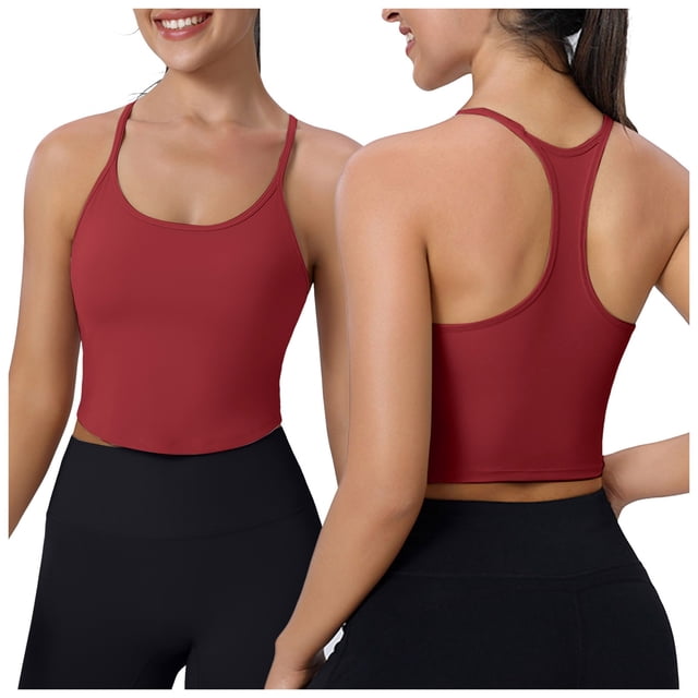 Yammkia Supportive Bras for Women Womens Seamless Ribbed Longline High Neck Sports Bra Racerback Padded Slim Fit Crop Tank Top with Built in Pads (Red,M)