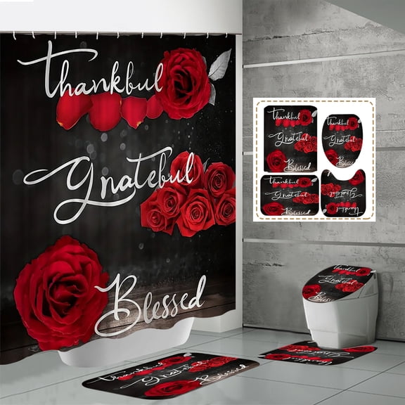 4Pcs Red Rose Shower Curtain Sets, Thankful Grateful Blessed Bathroom Curtain with Non-Slip Rug, Toilet Lid Cover, Bath Mat and 12 Hooks, Romantic Showy Floral Wedding Decor for Bath