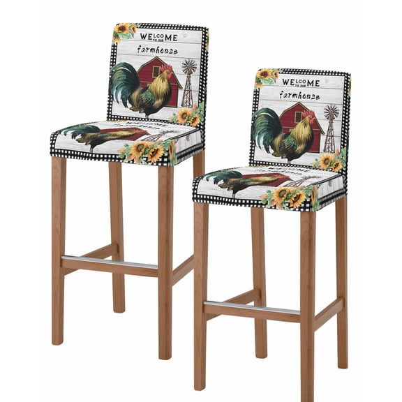 Farmhouse Rooster Bar Stool Covers Set of 2, Rustic Red Barn Windmill Sunflowers Stretch Washable Bar Chair Covers with Backs, Removable Pub Counter Height Chair Cover for Kitchen Dining Room Cafe