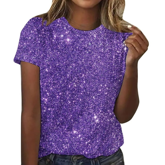 Amzcrzy Hauts pour Femmes T-Shirts Décontractés à Manches Courtes Hauts d'Été Mode Col Rond Hauts à Sequins pour Femmes Confort Polyvalent Hauts de Sortie Blouses