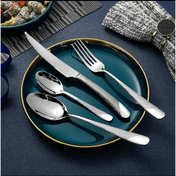 ELiTA ESSENTIALS Luxury 24 Pieces Silverware Set, Star Diamond Cutlery Set, Modern 304 Stainless Steel Flatware, Knives Forks Spoons, Cutlery Set, Tableware Set, Serving 6.  (Silver)