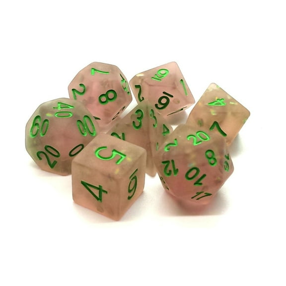 Old School Dice & Accessories Poly Set Frosted Firefly Pink w/Green (7) New