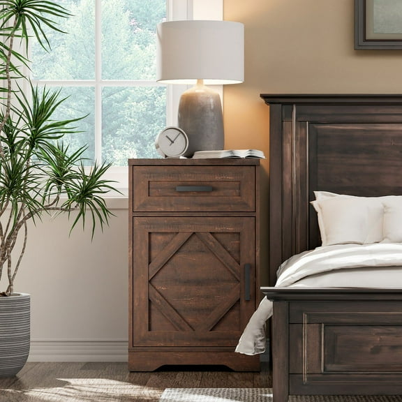 WAMPAT End Table with 1 Drawer & Door, Farmhouse Large Sofa Side Table, Modern Tall Nightstand with Adjustable Storage Shelf, Accent Cabinet for Living Room,Rustic Brown