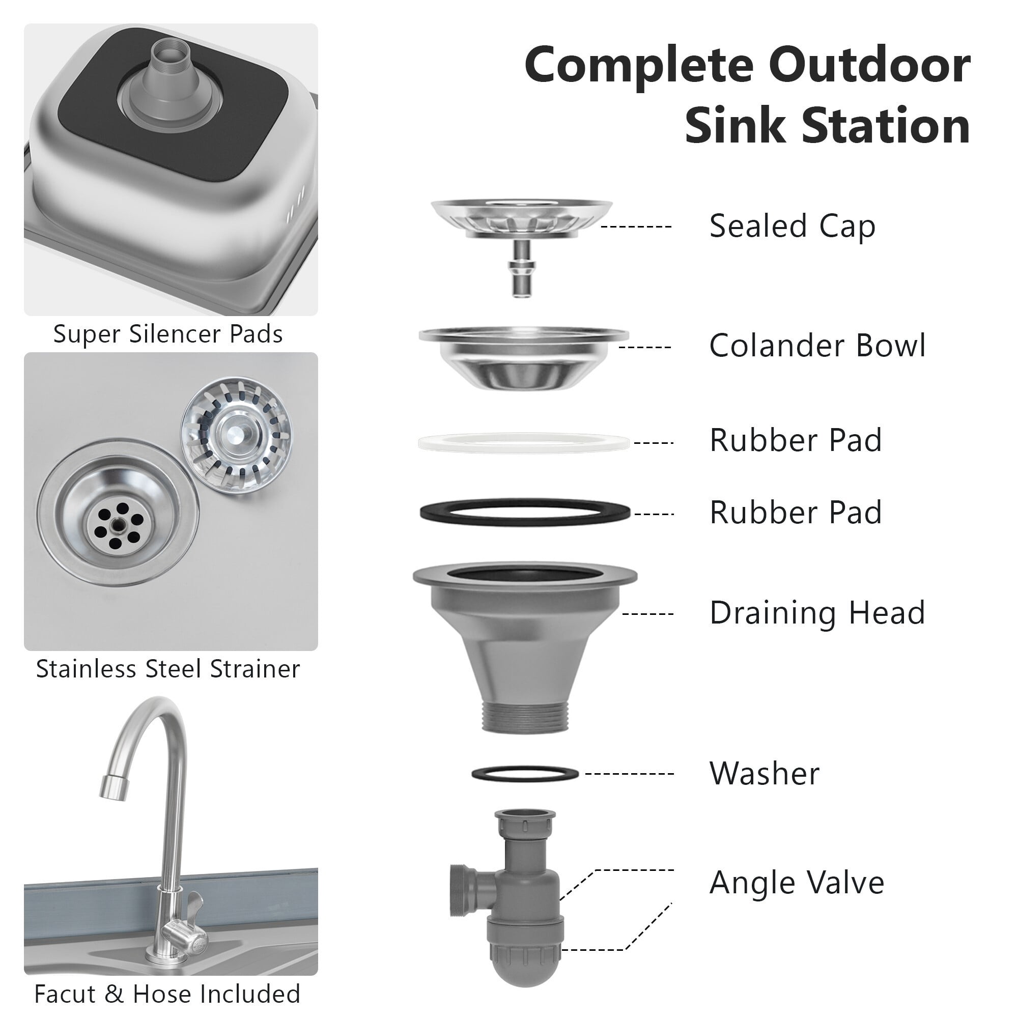 AENKYO 39.4" Outdoor Kitchen Island with 304 Stainless Steel Sink, Wood Prep Station with Faucet & Wheels, Gray Blue