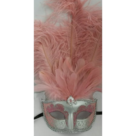 Light Pink Silver Venetian Mask Feather Masquerade Costume Prom Dance