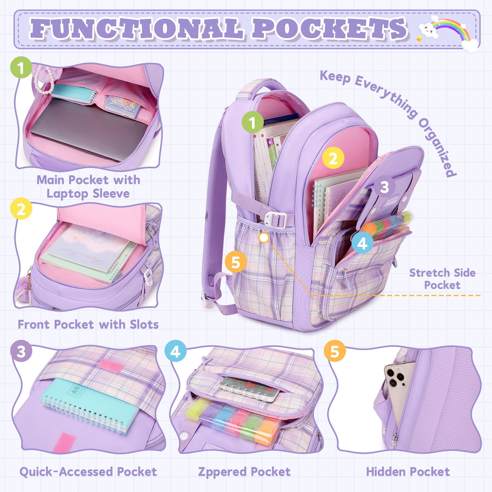 Soda Candy Girls Backpack Ideal Elementary Middle School Backpacks for Kids Cute Kawaii Large Capacity Bookbag with Reflective Strip, Beige
