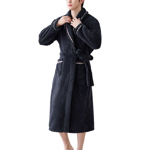 SWSMCLT Men's Belt Fleece Bathrobe Belt Loops Bathrobes Long Sleeve Loungewear Billowy Fall Cold Weather Calf Length Black Large