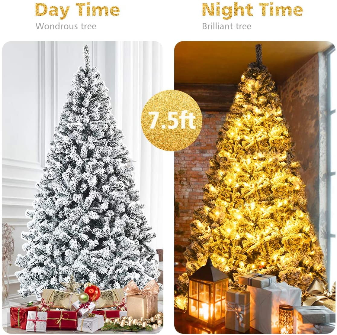 Gymax 7.5ft Snow Flocked Hinged Artificial Christmas Tree Unlit Holiday Decor