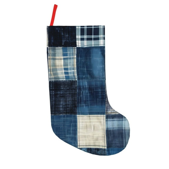 Uemuo Indigo Patchwork Quilt Print Christmas Stockings, 18inch Xmas Hanging Stocking Decorations for Christmas Party Family Decor