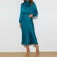 thumbnail image 2 of IDOPIP Women's Elegant Long Sleeve Satin Dress Mock Neck Elastic Waist Cocktail Party Maxi Dress, 2 of 8