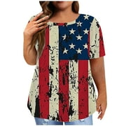 WYONGTAO Plus Size Tops for Women 2023 American Flag Printed Crew Neck Short Sleeve Patriotic Tops Summer 4th of July T-Shirt Blouse,XL