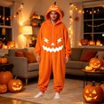 thumbnail image 3 of YUEHUA Soft Plush Halloween Jumpsuit, Unisex Hooded Loungewear, Thick Full Zip Onesie, Vivid Pumpkin Face Loose Oversized Breathable Night Clothes, 3 of 10