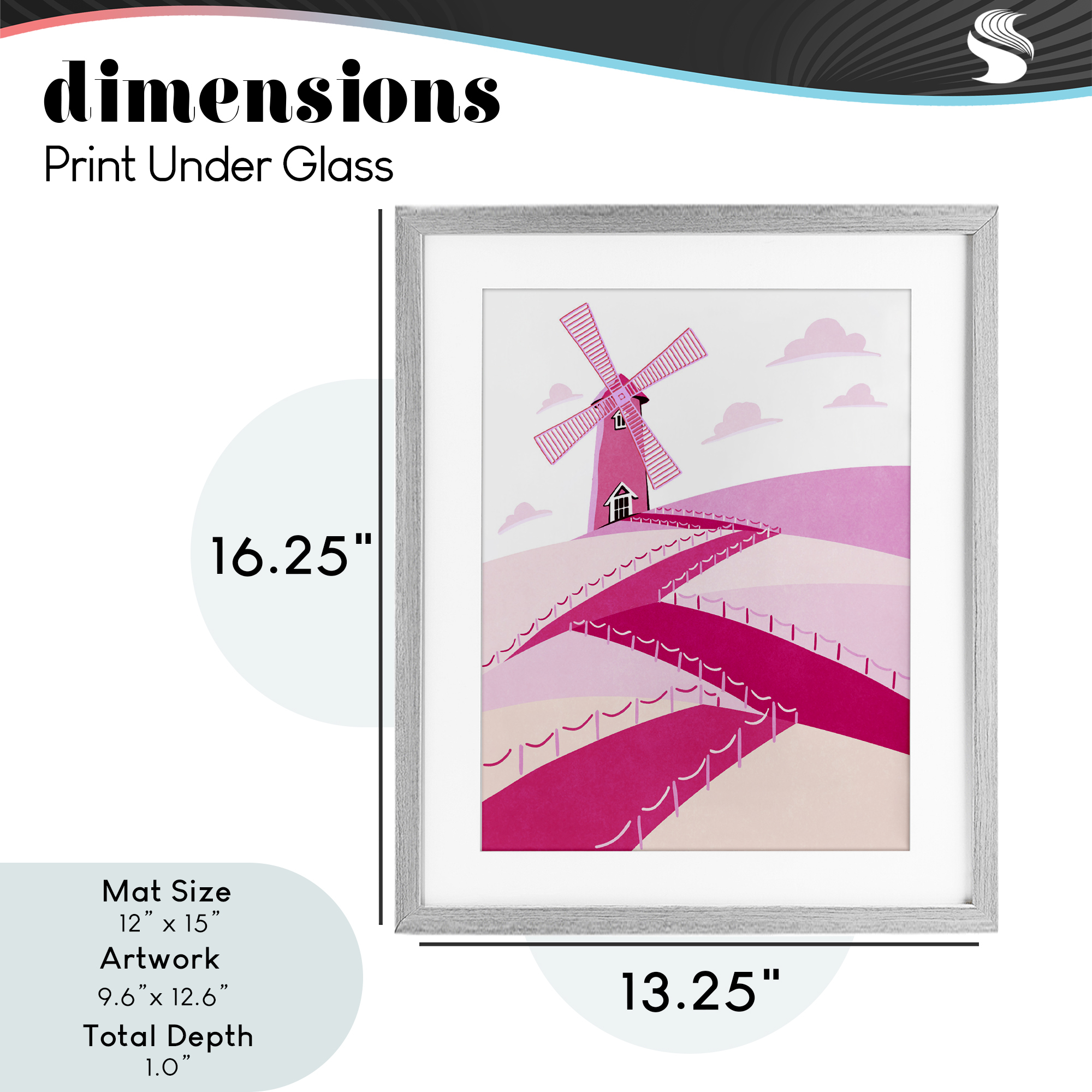 Pink Hills and Windmill Gray Framed Print Under Glass, design by Ziwei Li