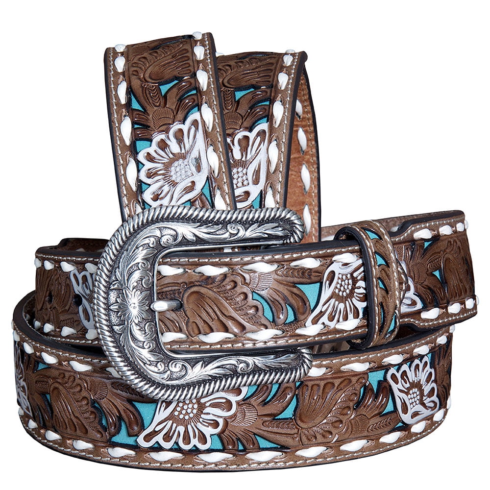 Nocona Nocona Leather Belt Western Overlay Flowers Painted Womens