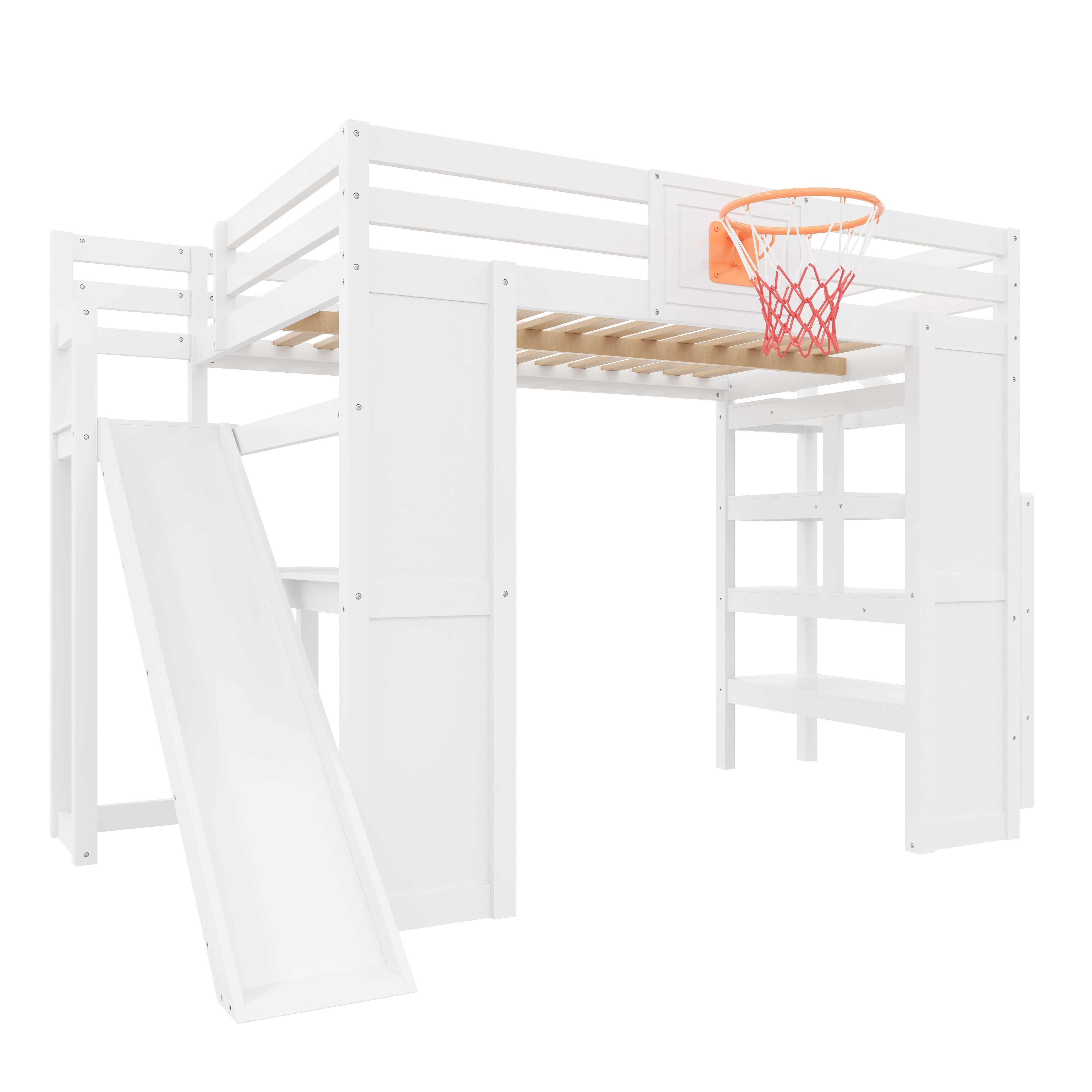 Euroco Wood Full Size Loft Bed with Desk and Shelves, Storage Bed with Basketball Hoop and Slide, White