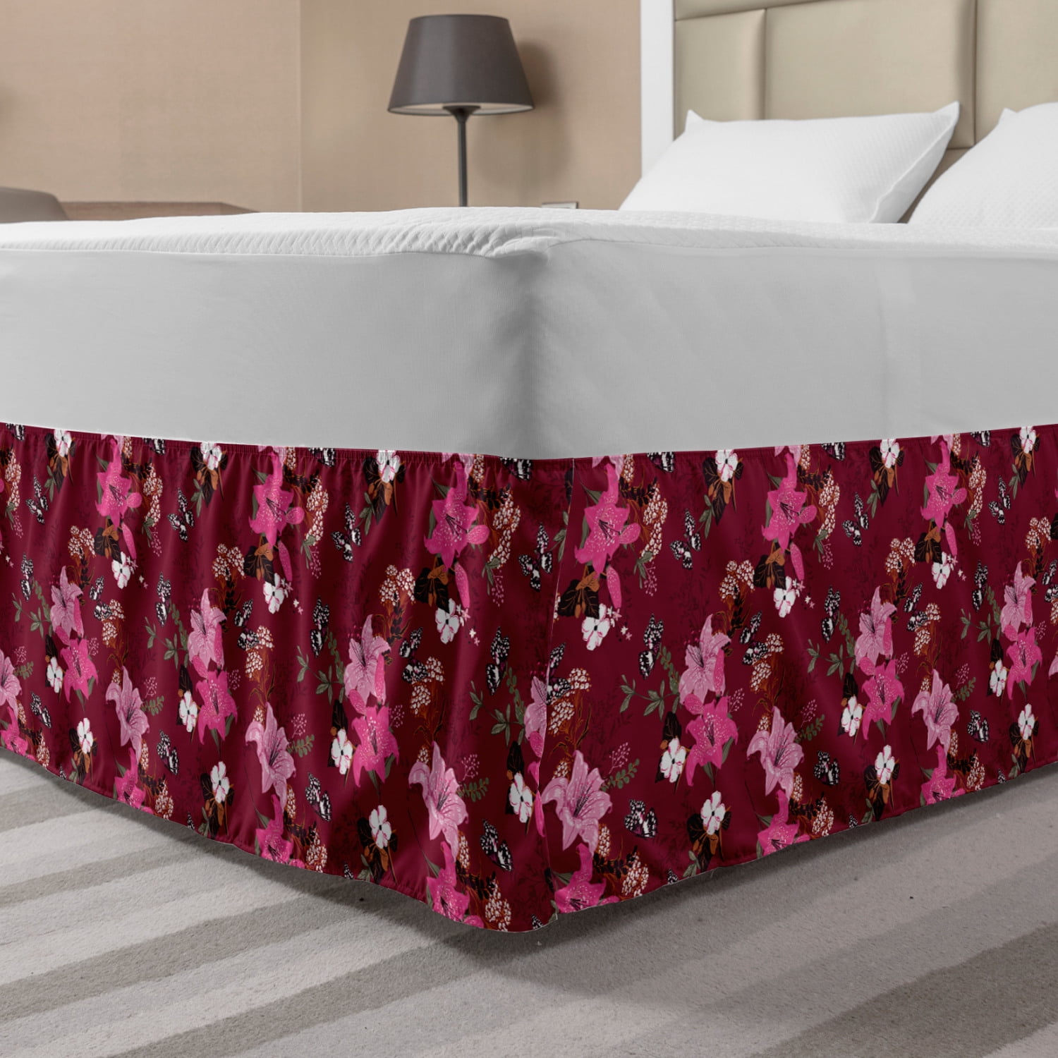 Floral Bed Skirt, Romantic Design of Lilies Butterflies and Other