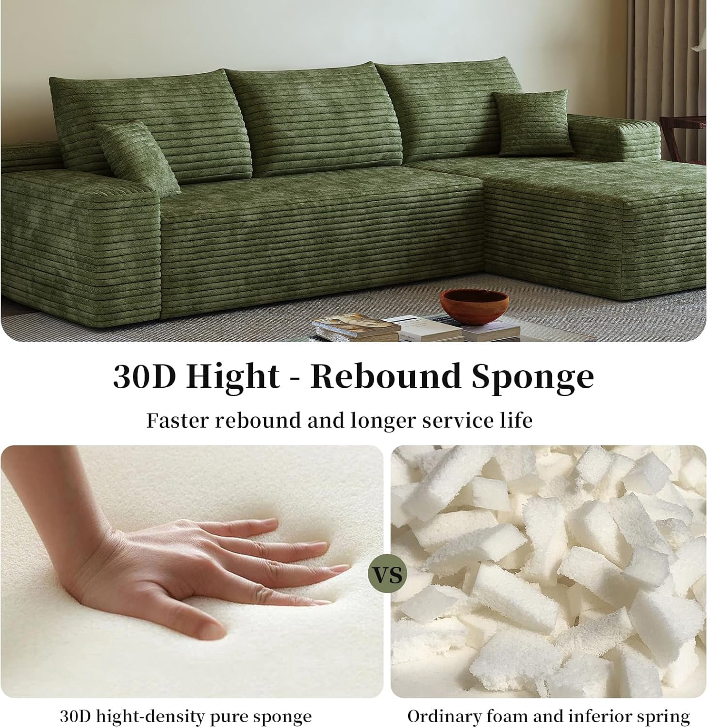 Sailvan 135" Cloud Sectional Couch, Cloudy Sofa with L-Shape Chaise & Ottoman, Upholstered Couches for Living Room & Bedroom, No Assembly Required, Plush Corduroy Fabric, Green