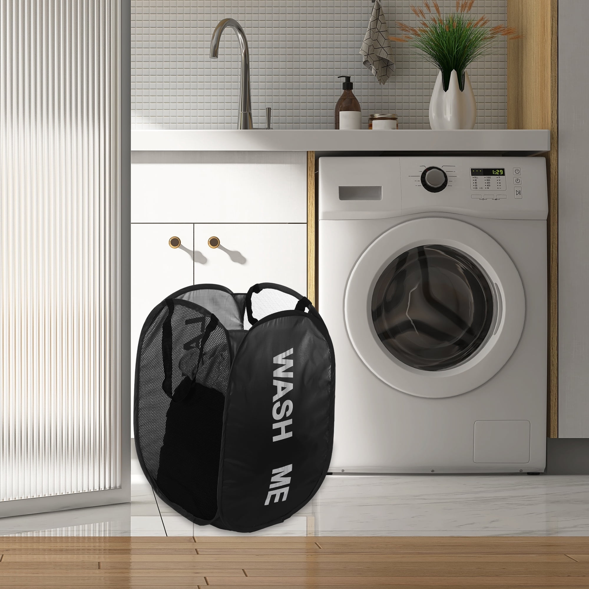 Unique Bargains Folding Laundry Basket Durable Hamper for Bathroom Black