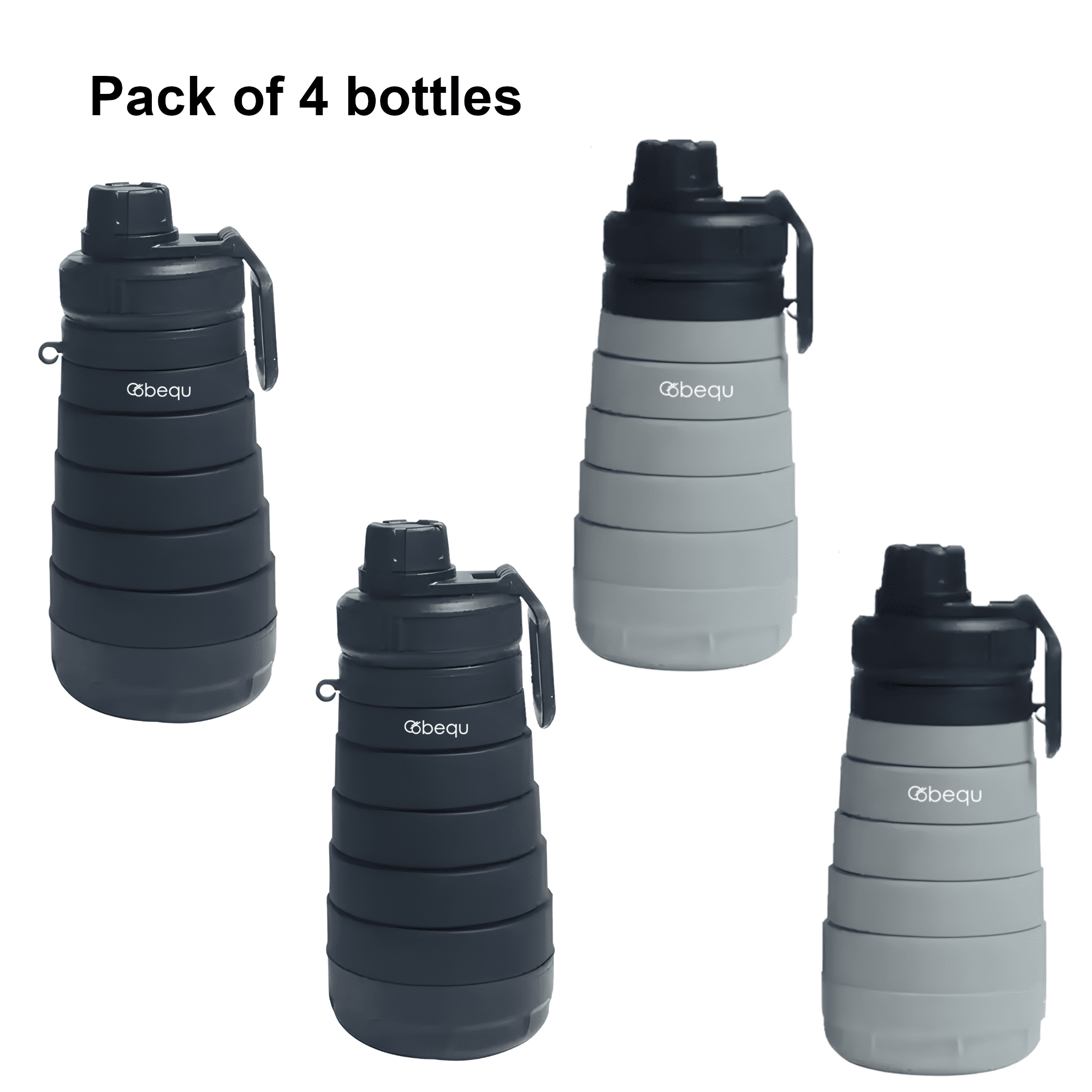 BEQU 750ml/25 Fl Oz Collapsible Silicone Water Bottle with Pills Storage Base, Reusable, BPA Free, Odorless, Dishwasher-Safe, Portable, Leak Proof for Sports Home Travel Office (4PK Black-Gray)