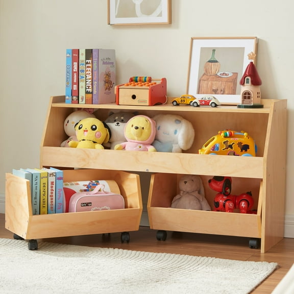 EHEY 3-in-1 Kids Toy Storage Organizer with 2 Pull-Out Drawers, 2-Tier Wooden Bookshelf with Wheels, 150LBS Capacity Montessori Shelf for Playroom, Nursery