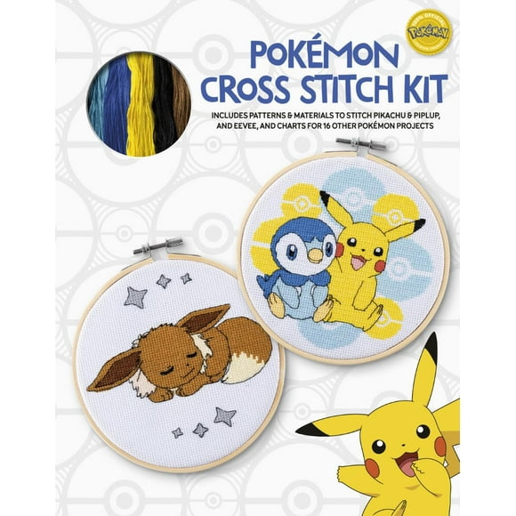 Pokémon Cross Stitch Kit: Includes patterns and materials to stitch Pikachu & Piplup, & Evee, and charts for 16 other Pokémon projects