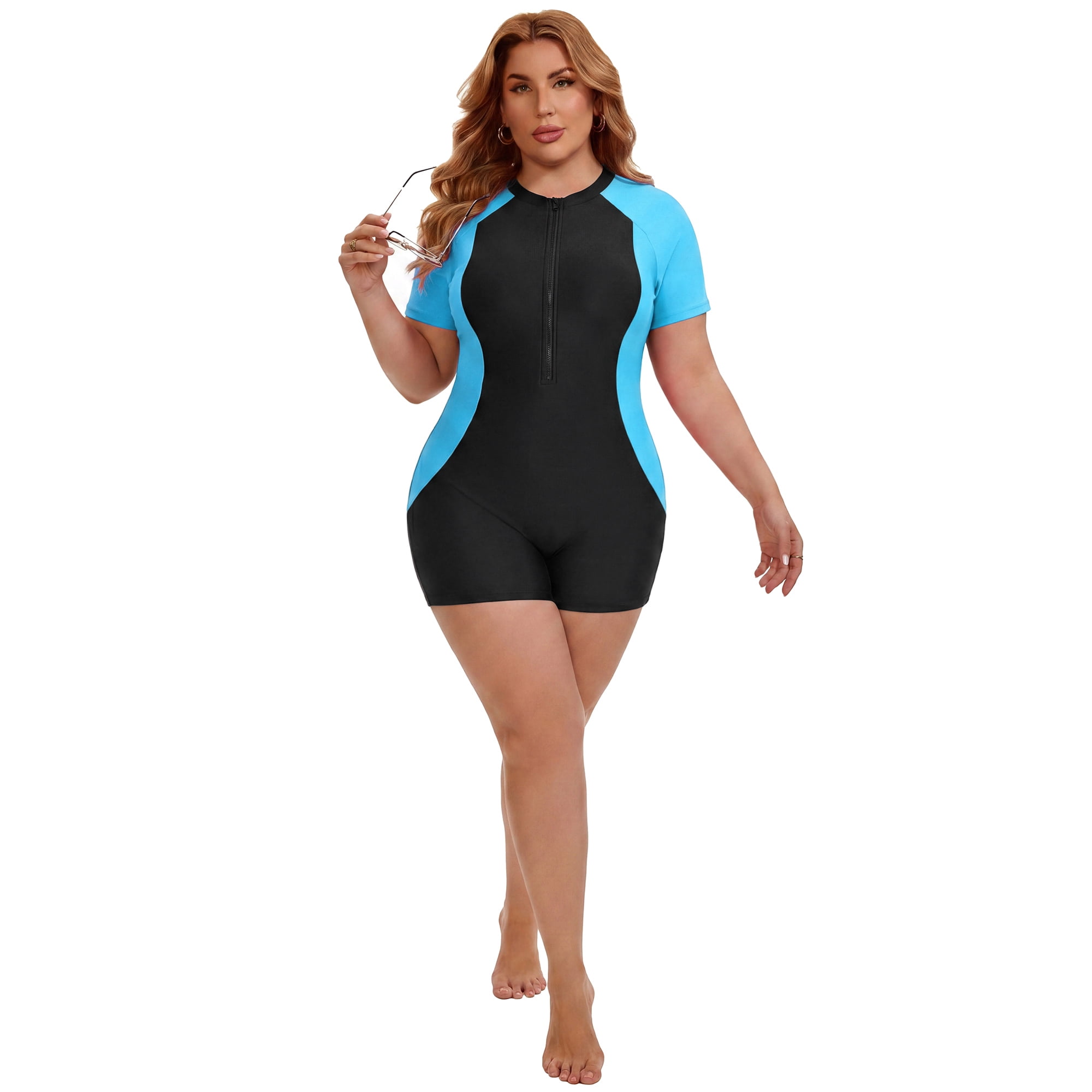 DARING DIVA Women's Plus 1 Piece Zip Front Short Sleeve Swimsuit 3X Black Blue