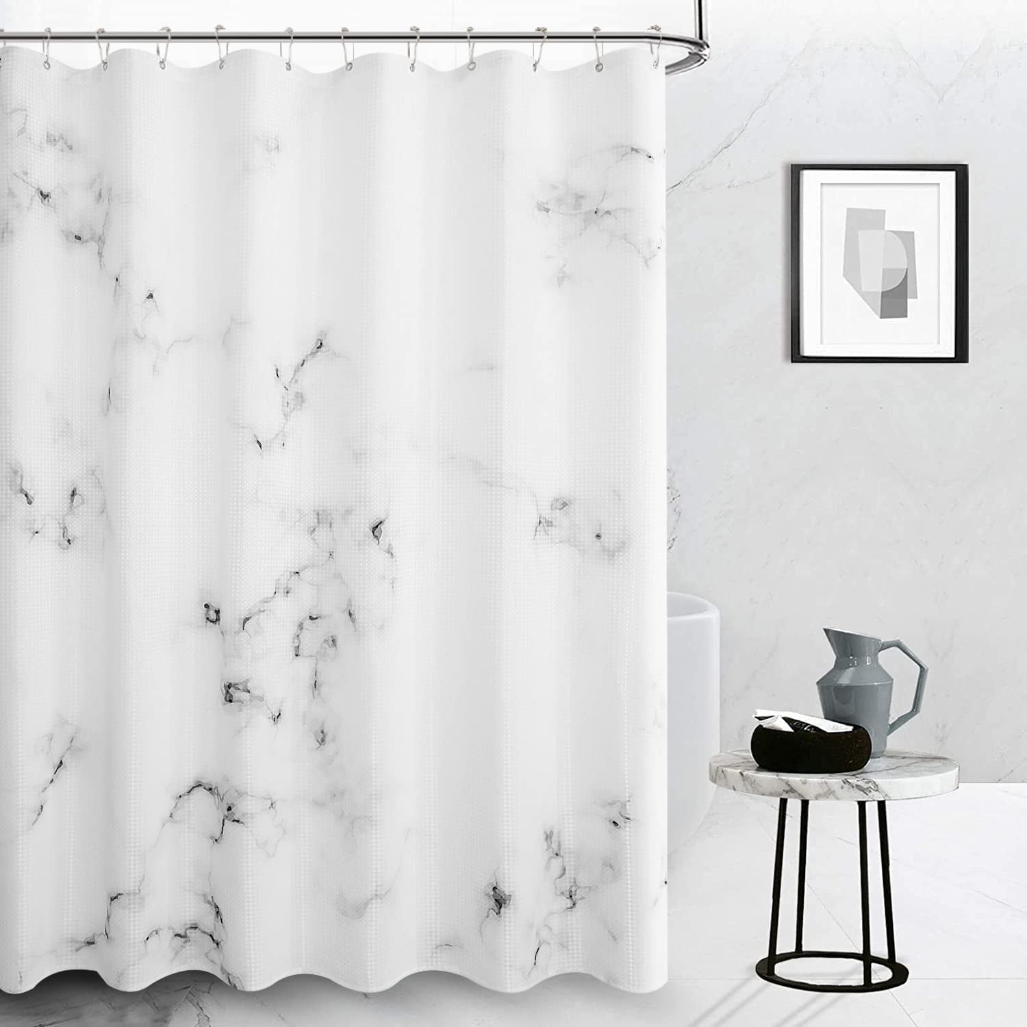 White Shower Curtain for Bathroom Marble Shower Curtain Set with Hooks