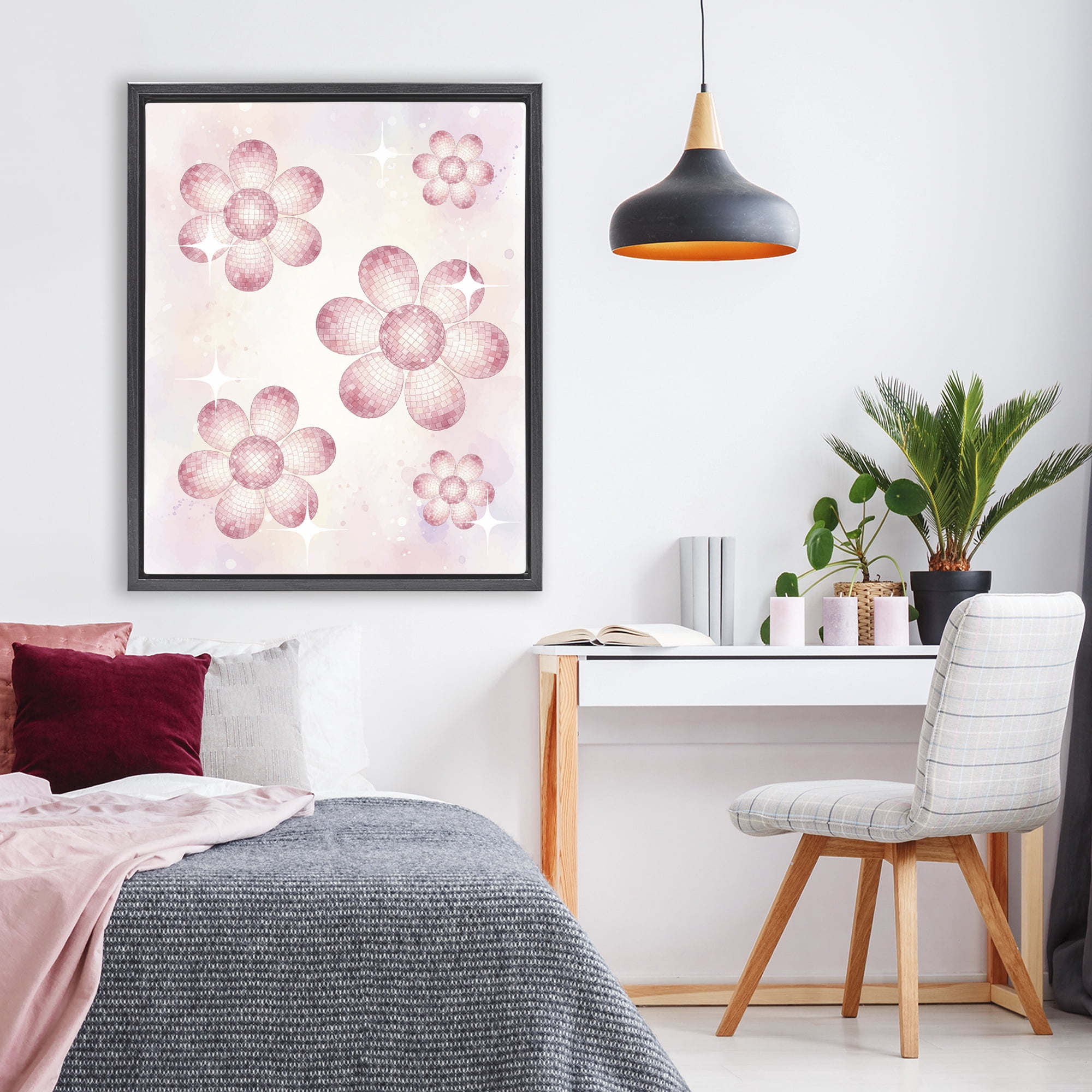 Stupell Industries Disco Ball Floral Patterns Black Framed Floater Canvas Wall Art, design by Lil' Rue