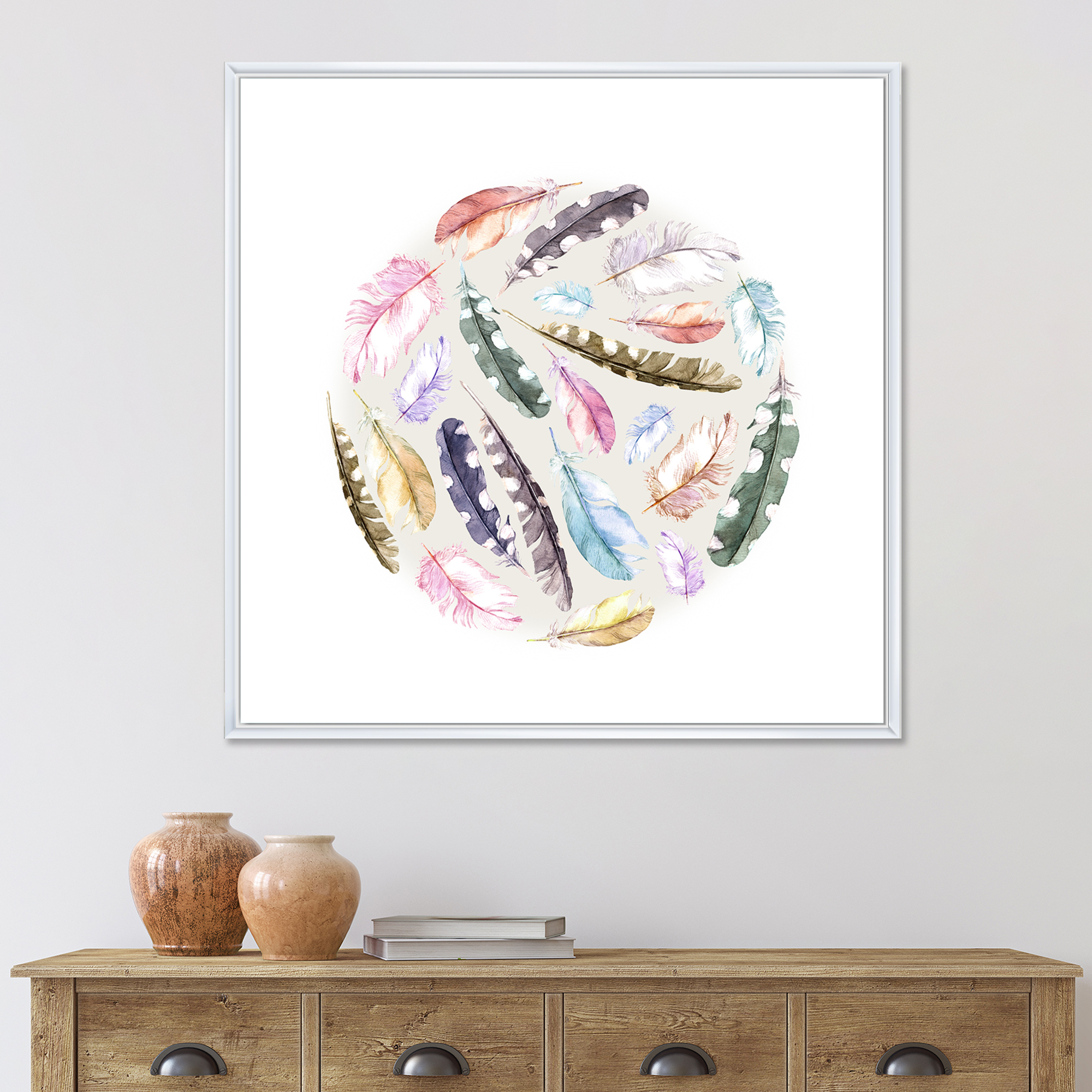Ancient Bird Feathers In Circle 36 in x 36 in Framed Painting Canvas Art Print, by Designart