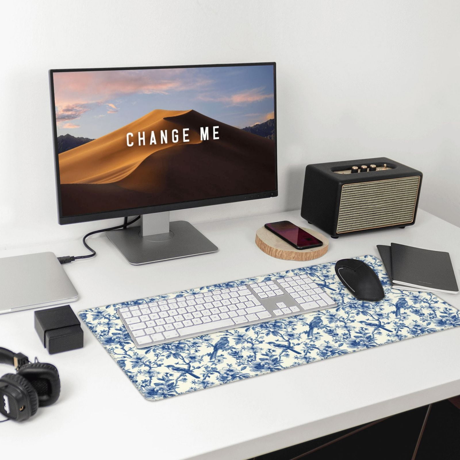 Rateoe Vintage Floral Birds Print Mouse Pad - Extended Large Gaming Mousepad,Non-Slip Stitched Edge,16x29.5 Inch