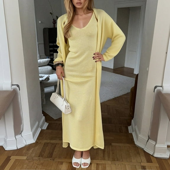 Women Round Neck Long Dress Casual Loose Party Dresses with Cardigan Coat Set (Yellow L)