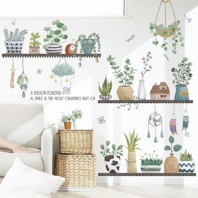 Calcomanías de pared con hojas y plantas en macetas verdes, pegatinas de pared para dormitorio, mural de pared de hojas como decoración de pared para sala de estar, pegatinas removibles para decoración de paredes del hogar como regalo de cumpleaños de inauguración de la casa Sincero Electrónica