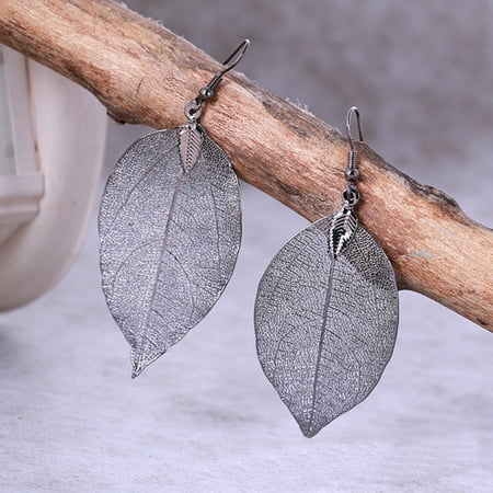 Hand Stamped Silver Jewelry - iLH Mallroom 1 Pair Women Long Natural Real Dipped Leaf Leaves Dangle Earrings Ethic Jewelry
