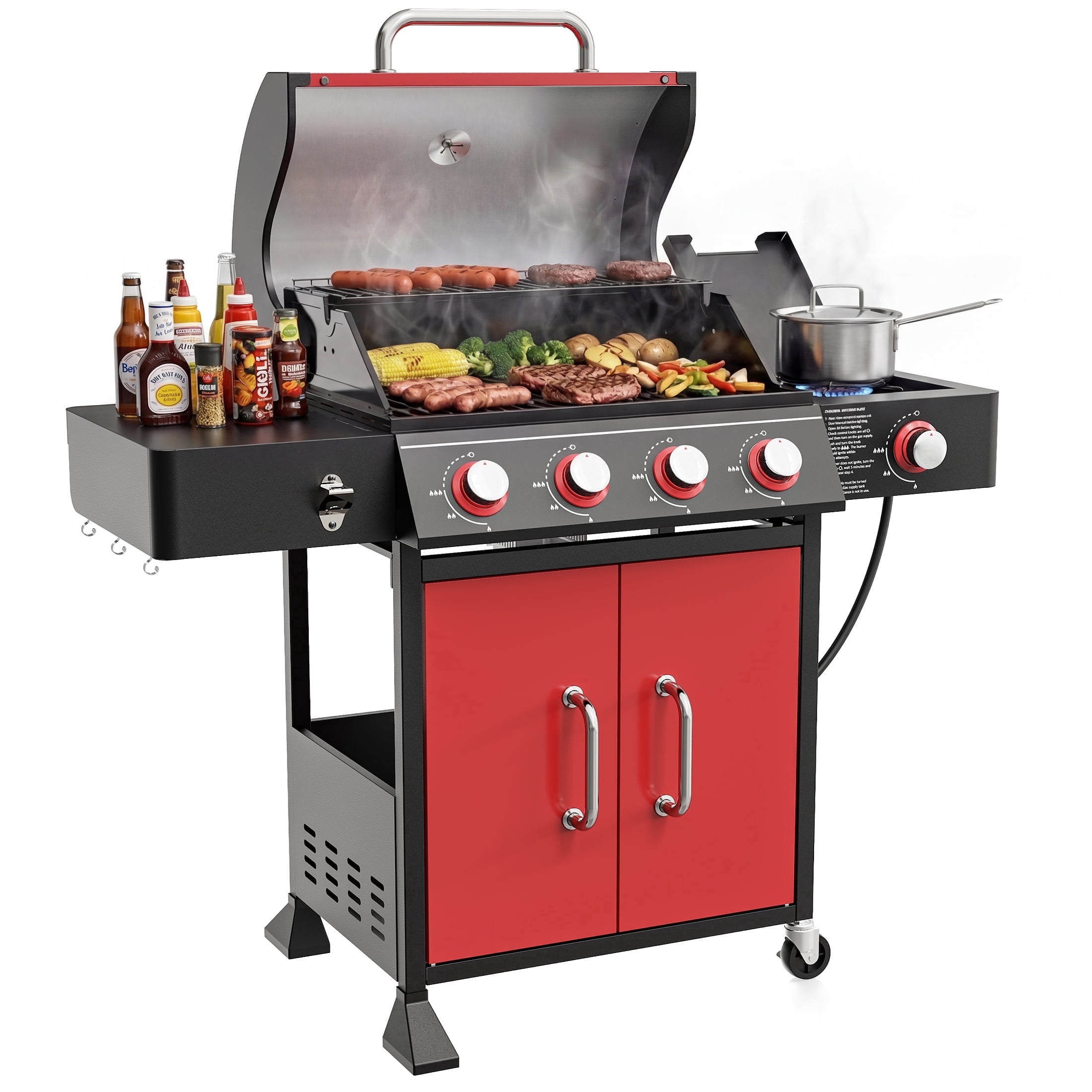4-Burner Gas Grill with Side Burner, 51,000 BTU, HUGROVE BBQ Grill with Porcelain-Enameled Lid,Cast Iron Grates, Propane Grills Outdoor Cooking, Red