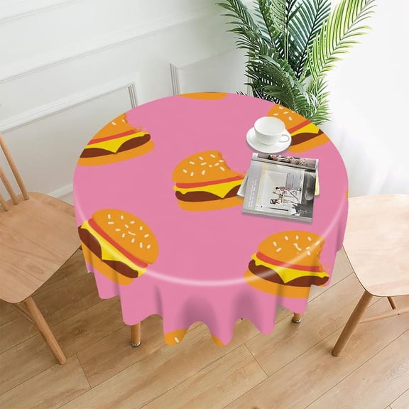 RKSupls 60 Inch Round Tablecloth, Cheeseburger Pink Pattern Premium Polyester Straight Edge Wrinkle Resistant Washable Table Cover for Party Home Dining Decor