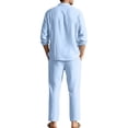 thumbnail image 4 of Men's Linen Blend Camp Collar Long Sleeve Shirt and Drawstring Pants Two Piece Outfit Light Blue L, 4 of 7