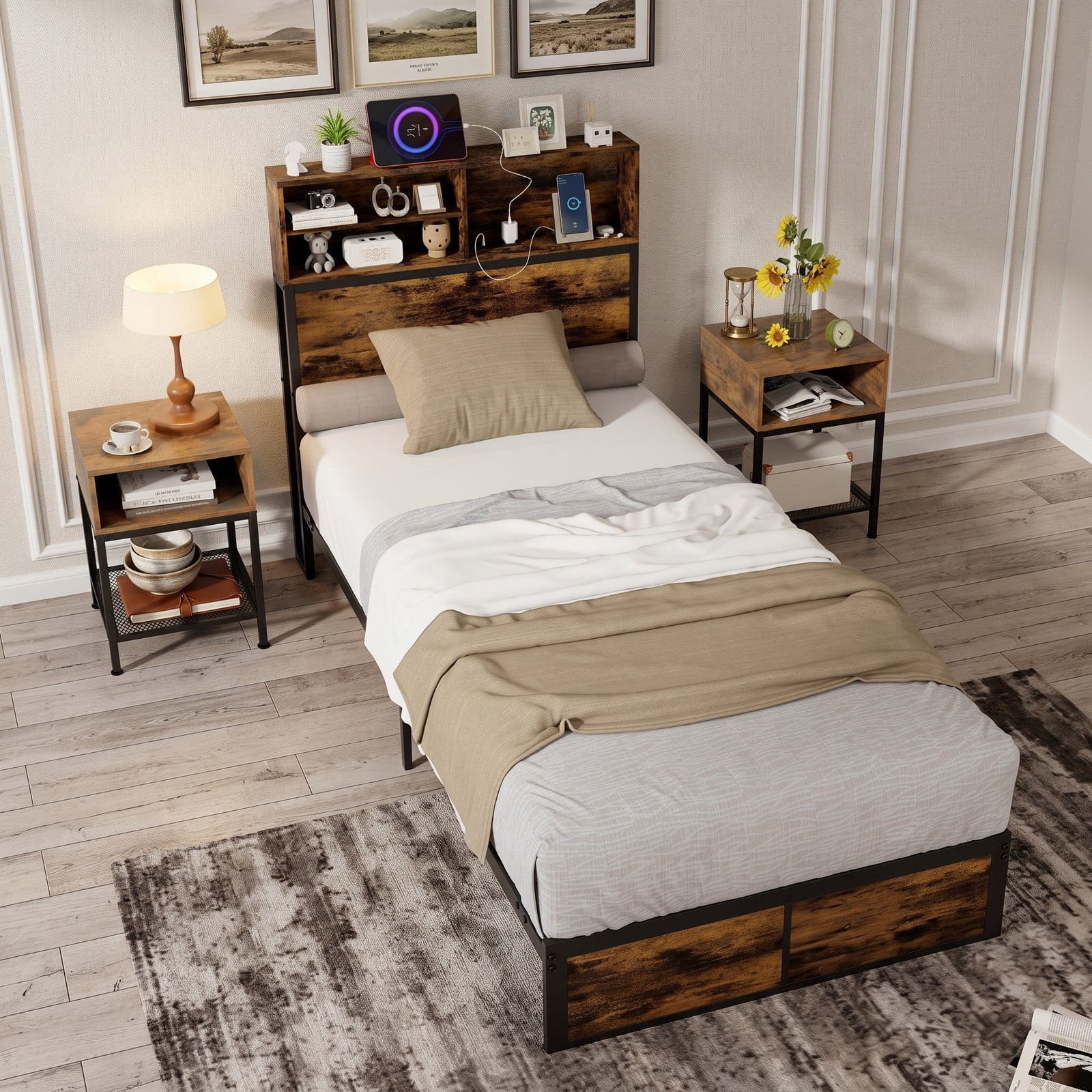 Furnibear Queen Bed Frame with Storage Headboard, Industrial Metal Platform Bed Frame with Charging Station and USB Ports, No Box Spring, Rustic Brown