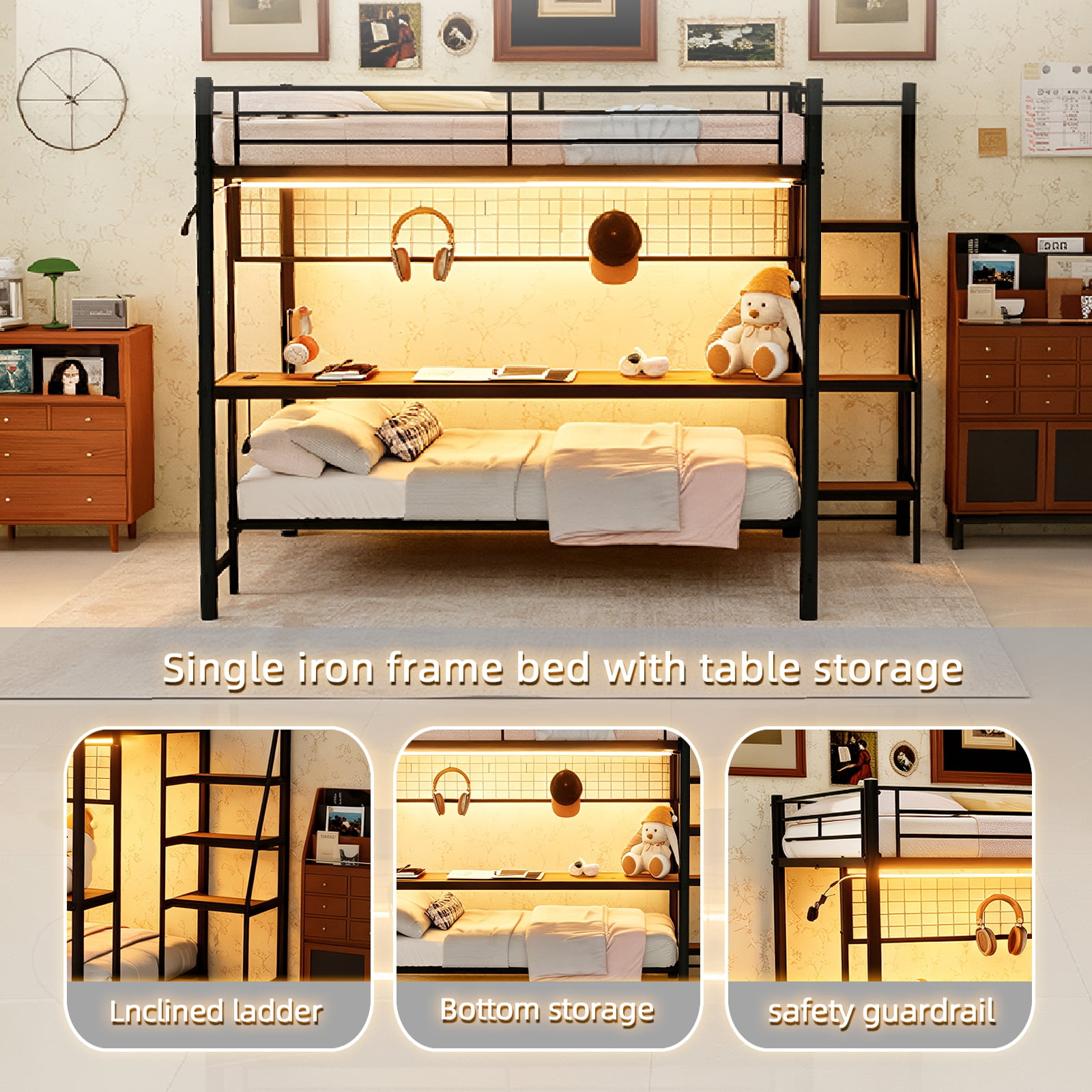 Leumius Twin over Full Size Metal Bunk Bed with Built-In Desk & LED Lighting,Heavy Duty Metal Bunk Beds Frame with Ladder for Bedrooms,Dorms,Black