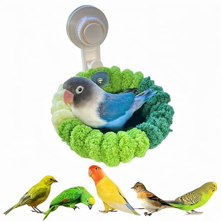 Warm Bird Nest Bed with Suction Cup Bird Snuggle Hut Breeding Bird House Plush Hanging Bird Bed for Parakeet Conure Budgie Cockatiel Lovebird Finch Hamster-Green