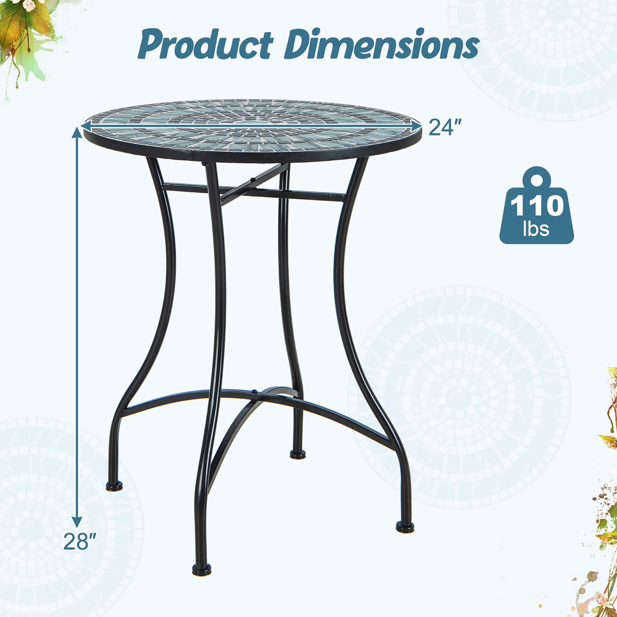 Gymax Mosaic Bistro Patio Table, 24-inch, Heavy-Duty Metal