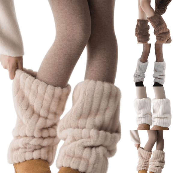 CNEJRHG 1Pair Slouch Stackable Fuzzy Leg Warmers for Women Vertical Stripe Plush Boot Cuffs,Womens Warm Soft Knee-High Leg Warmers Casual Versatile Up Long Socks Beige