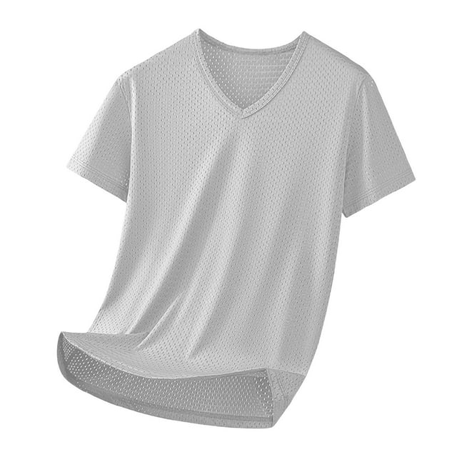 Blusas y camisas de manga corta con cuello en V para hombre, blusa informal de verano a la moda de color liso con cuello en V y tela de malla.