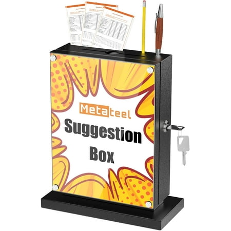 Metateel Locking Metal Suggestion Box with Easy-View Acrylic Window, Wall Mounted Donation & Ballot Box with 2 Keys, Secure Key Drop Box for Office, School & Fundraising, Black
