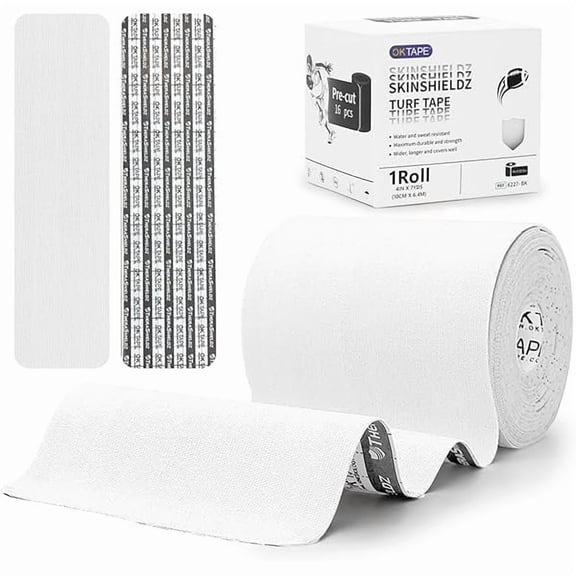 OK TAPE Turf Tape | 4 inch Wide K Tape, Protects Arm from Turf Burn, Waterproof, Ultra Sticky Kinesiology Tape for Football (16 Precut 15.7" Strips) White