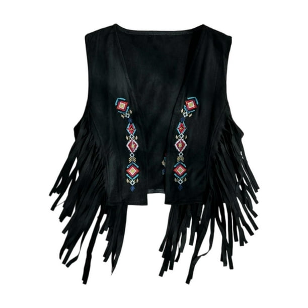 Chaqueta sin mangas con abertura frontal, estilo hippie, años 60 y 70, ideal para oficina, citas informales, senderismo. Negro