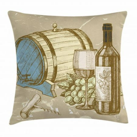 Decorative Wine Grapes Wine Throw Pillow Cushion Cover, Vintage Hand Drawn Style IIlustration of Wine Barrel Bottle and Glass with Grapes, Decorative Square Accent Pillow Case, 16 X 16 Inches, Multicolor, by Ambesonne ()