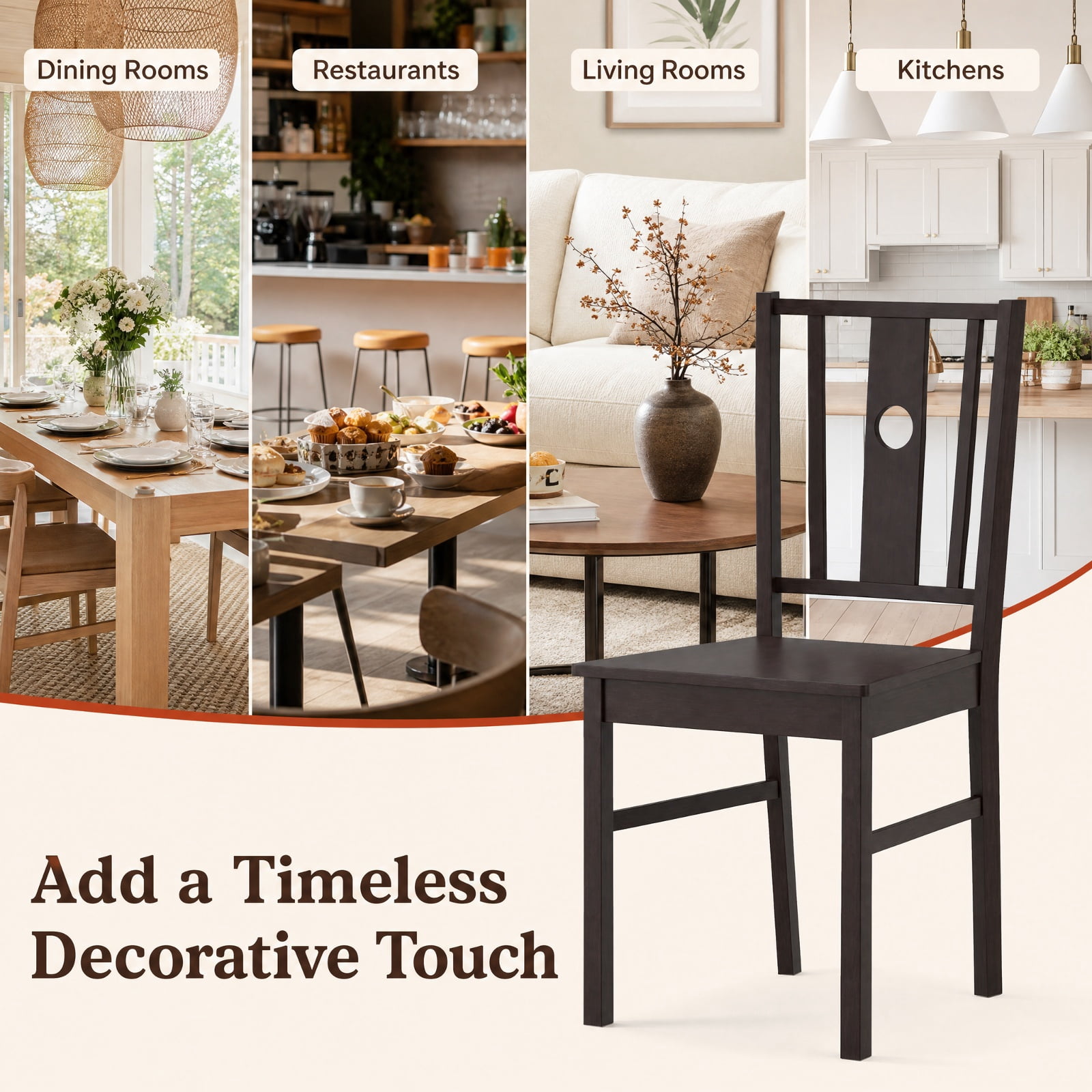 Furnibear Set of 2 Solid Rubber Wood Kitchen Chairs with Slatted Curved Backrest and Wide Seat for Dining Room and Kitchen, Coffee