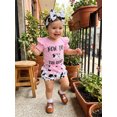 thumbnail image 6 of BemeyourBBs Baby Girl Summer Outfits Letter Boots Cow Print Crew Neck Short Sleeve Romper Shorts and Bow Headband 3 Pcs Set, 6 of 9