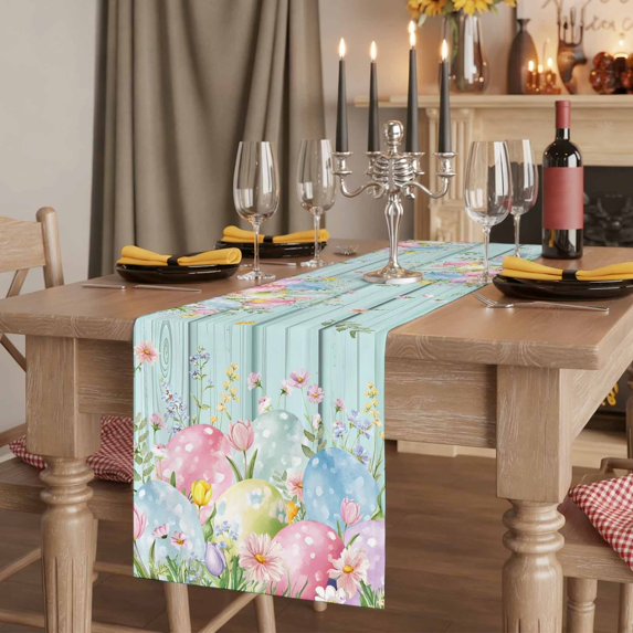 Easter Eggs Table Runner, Spring Daisy Eucalyptus Leaves Teal Wooden Washable Cotton Linen Table Runners 48 Inches Long, Dresser Scarf Runner for Nightstand/Coffee/End Tables 13''x48''